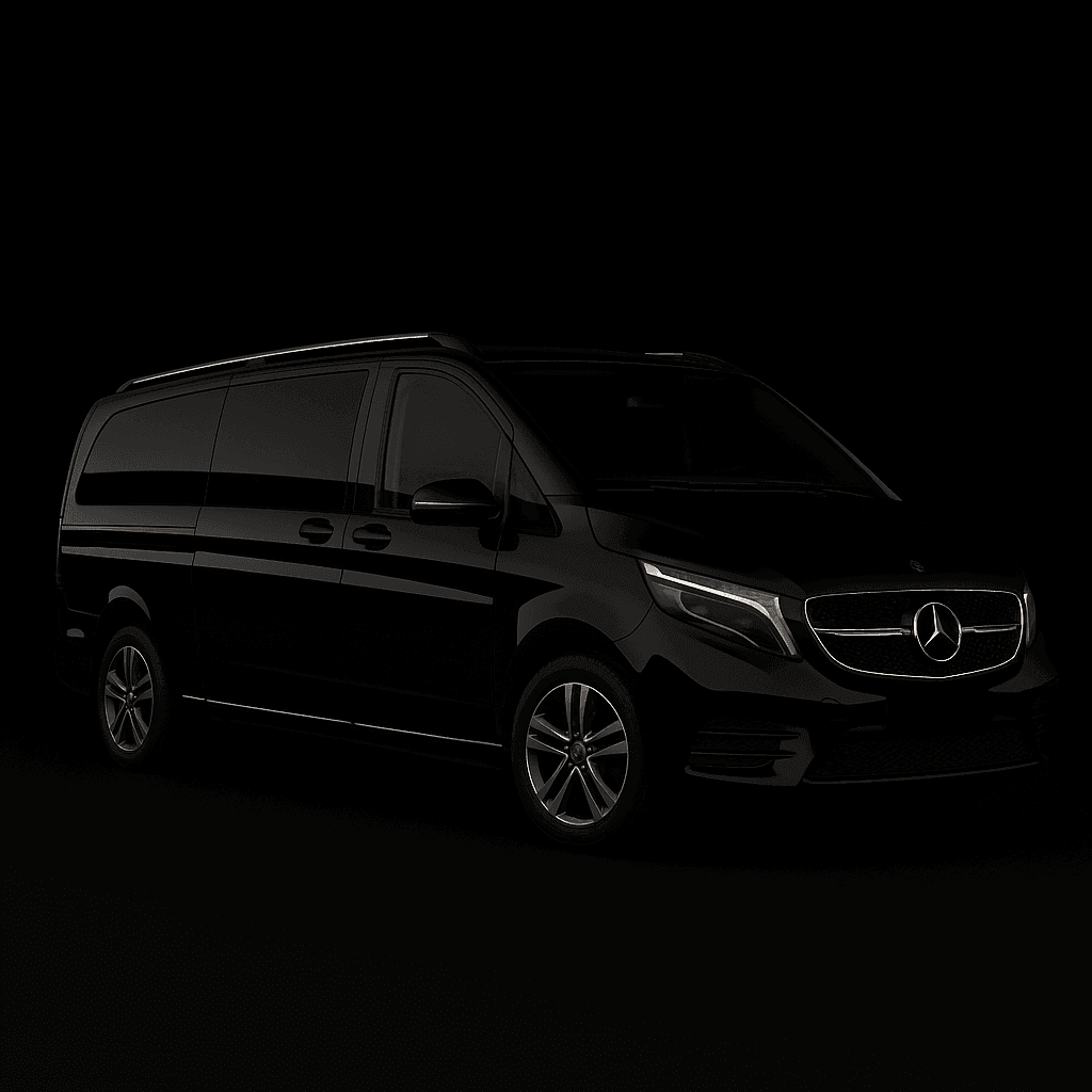 Black Mercedes-Benz V-Class van with sleek design, shown against a dark background.