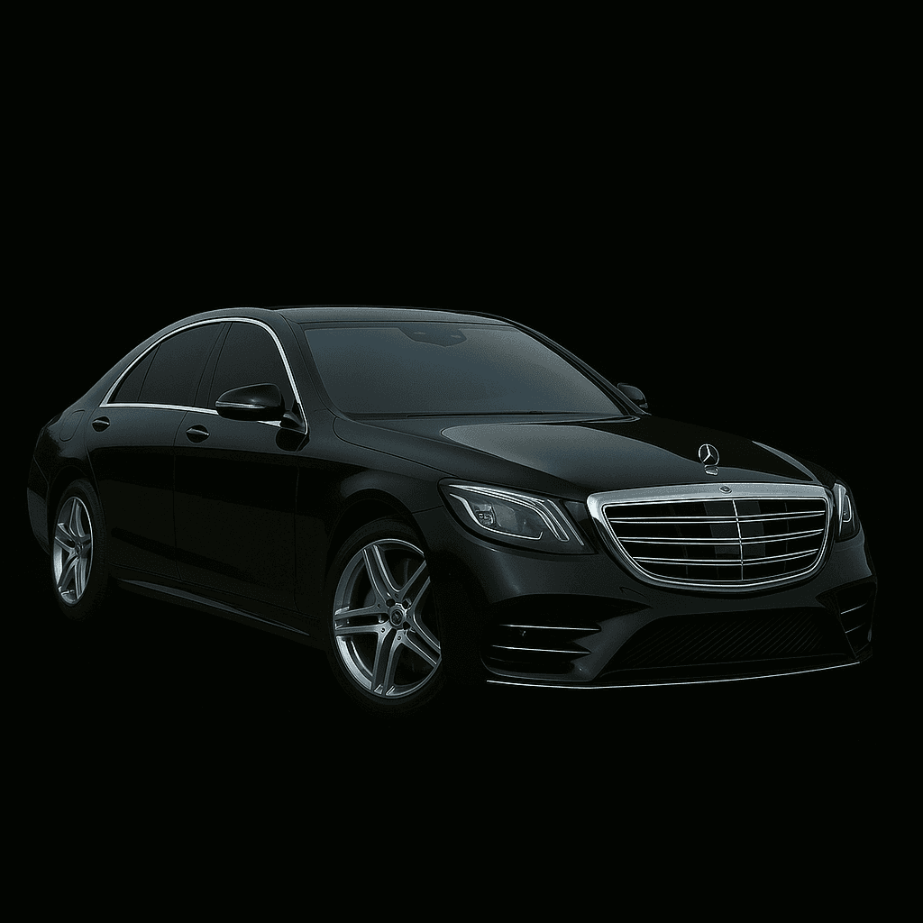 Sleek black luxury car with chrome detailing and alloy wheels on a dark background.